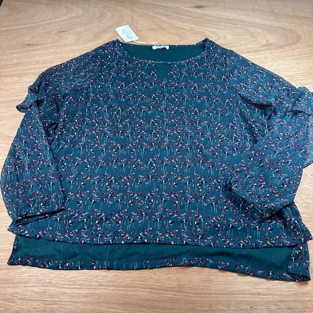 Grace & Lace Floral Boho Blouse Womens Large Teal Ruffle Sleeve Peasant Top